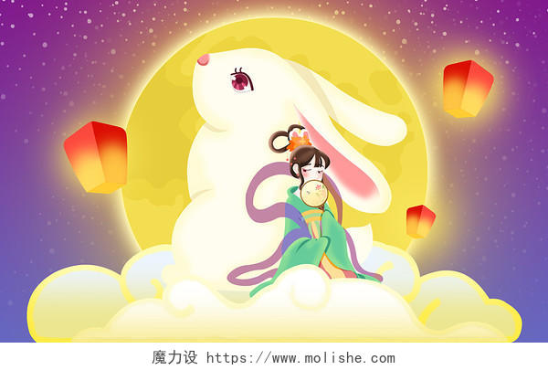 中秋节节日兔子嫦娥祥云赏月手绘插画